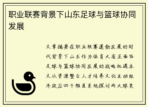 职业联赛背景下山东足球与篮球协同发展