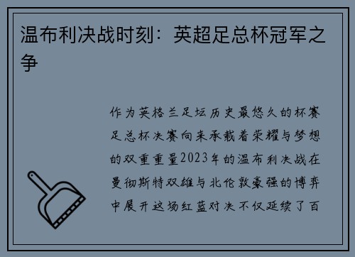 温布利决战时刻：英超足总杯冠军之争