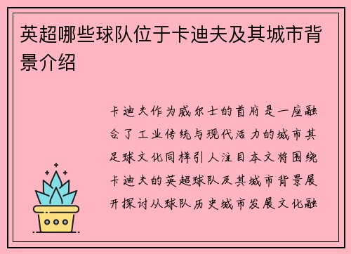 英超哪些球队位于卡迪夫及其城市背景介绍